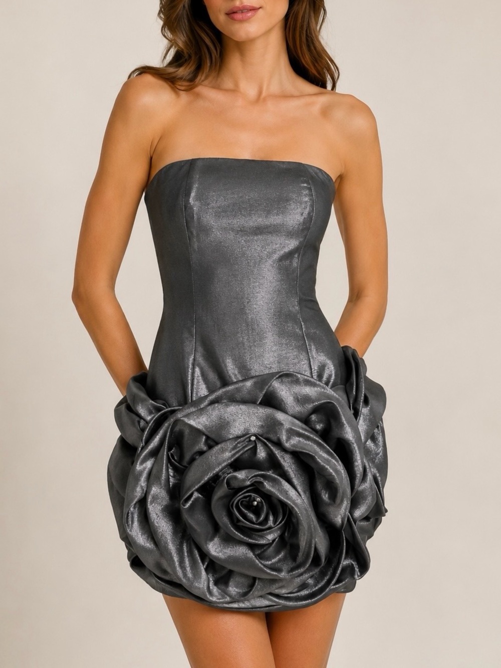 JOVANI Silver Metallic Rosette Skirt Embellished Strapless Cocktail Dress Sz 8